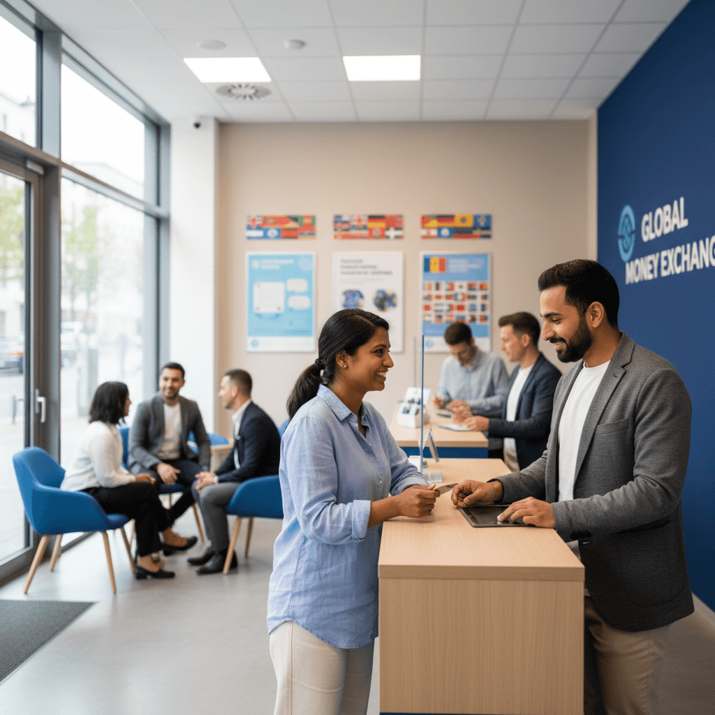 Zwei Kunden führen eine Geldtransaktion in einem modernen Büro durch