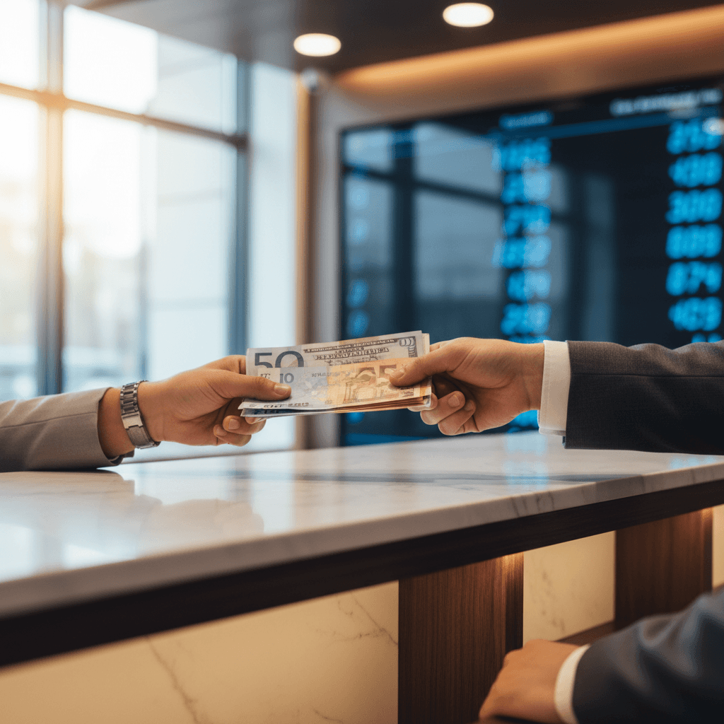 Detailaufnahme einer sicheren Geldtransaktion bei Mobile World Geldtransfer